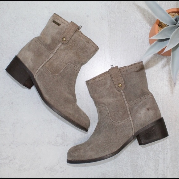 Santorini Gray Suede Block Heel Booties - Picture 1 of 7